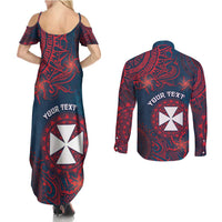 Personalised Wallis And Futuna Couples Matching Summer Maxi Dress and Long Sleeve Button Shirt Hibiscus Polynesian Tribal Pattern