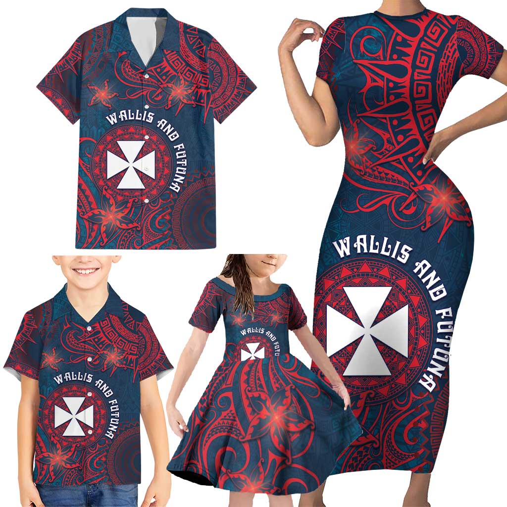Personalised Wallis And Futuna Family Matching Short Sleeve Bodycon Dress and Hawaiian Shirt Hibiscus Polynesian Tribal Pattern