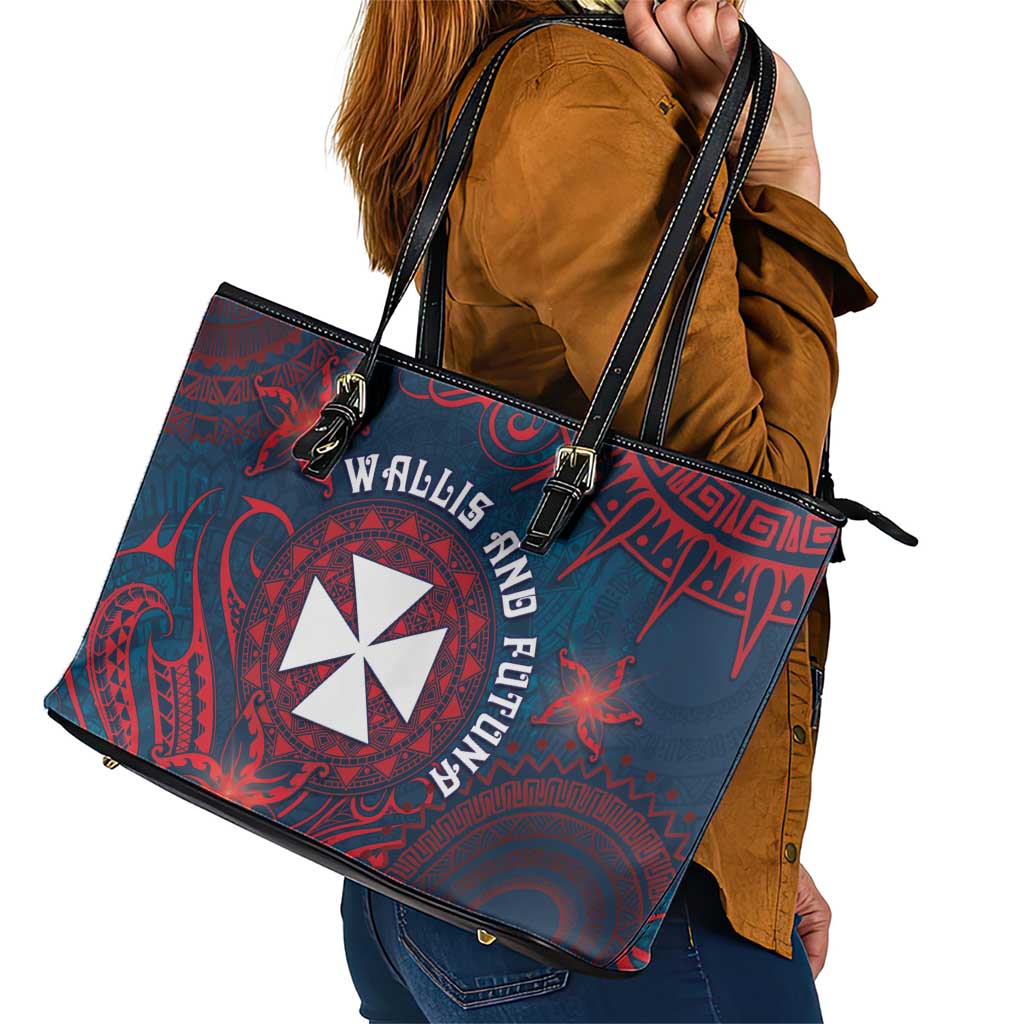 Wallis And Futuna Leather Tote Bag Hibiscus Polynesian Tribal Pattern