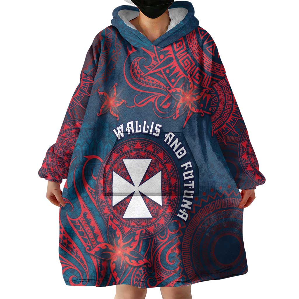Personalised Wallis And Futuna Wearable Blanket Hoodie Hibiscus Polynesian Tribal Pattern