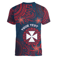 Personalised Wallis And Futuna Women V-Neck T-Shirt Hibiscus Polynesian Tribal Pattern