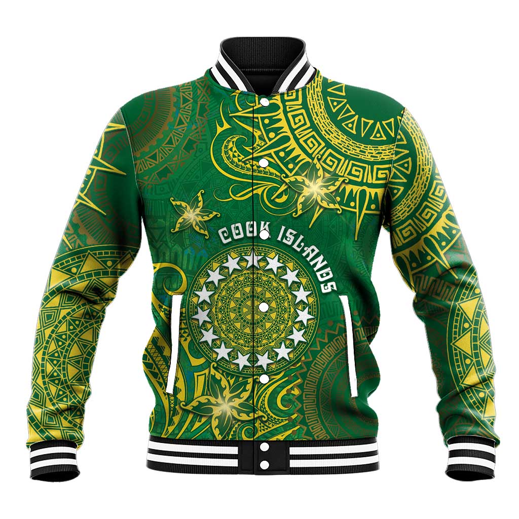 Personalised Cook Islands Baseball Jacket Hibiscus Polynesian Tribal Pattern DT05 Unisex Green - Polynesian Pride