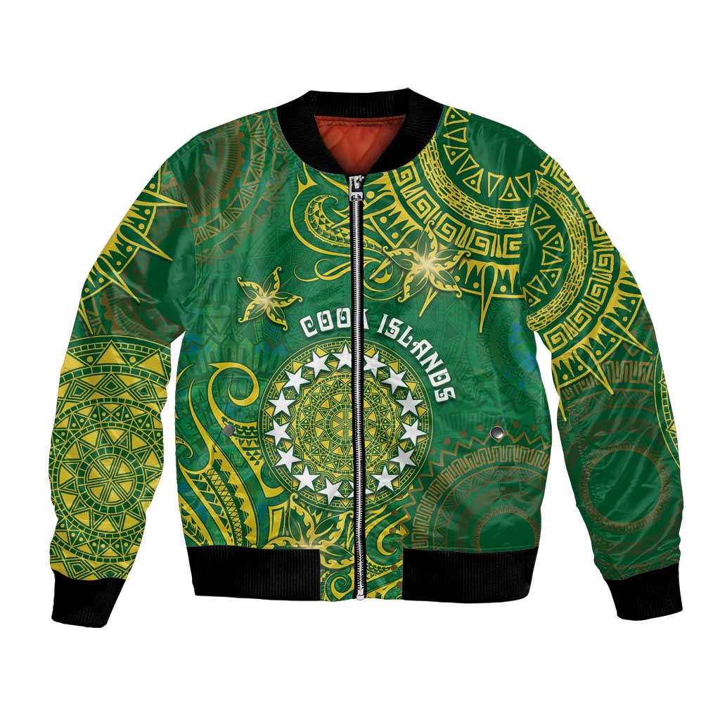 Personalised Cook Islands Bomber Jacket Hibiscus Polynesian Tribal Pattern