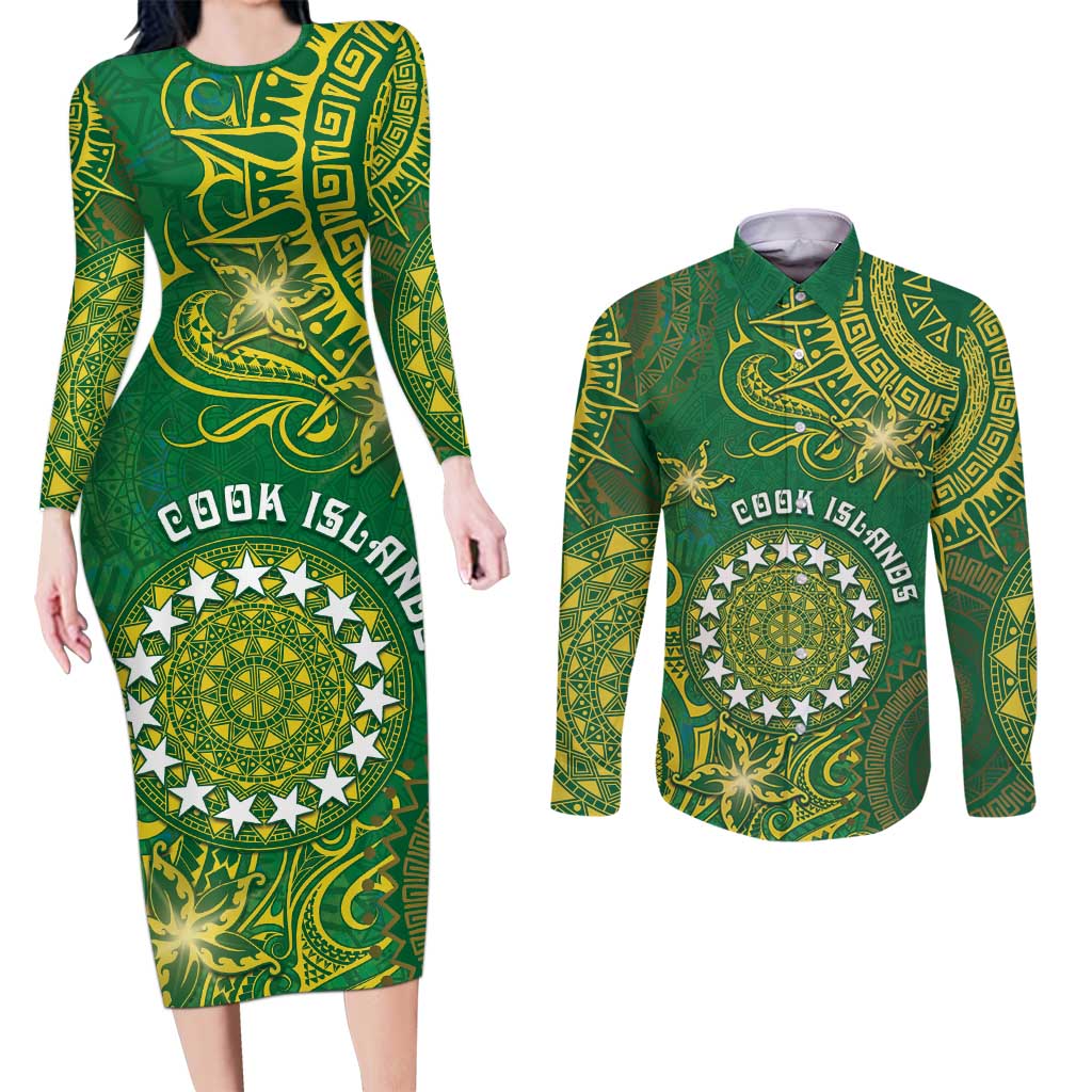 Personalised Cook Islands Couples Matching Long Sleeve Bodycon Dress and Long Sleeve Button Shirt Hibiscus Polynesian Tribal Pattern DT05 Green - Polynesian Pride