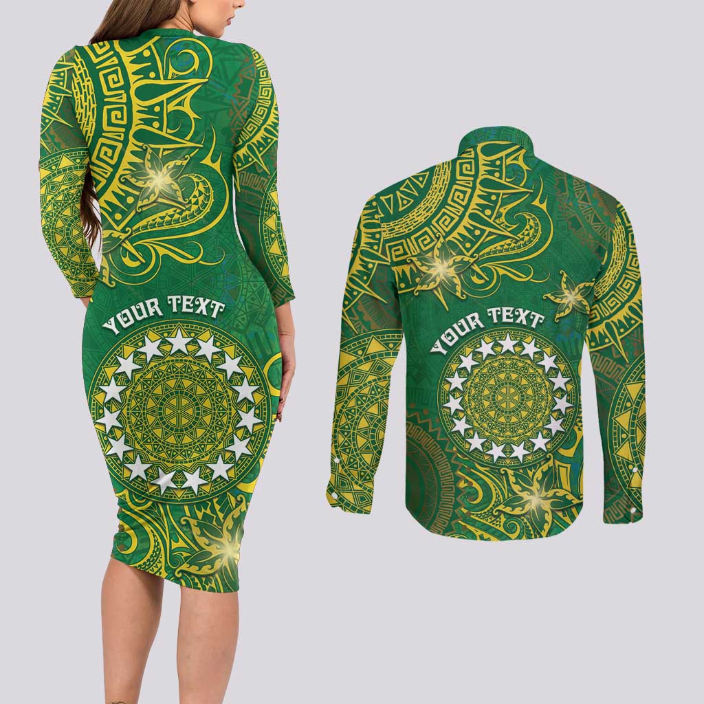 Personalised Cook Islands Couples Matching Long Sleeve Bodycon Dress and Long Sleeve Button Shirt Hibiscus Polynesian Tribal Pattern DT05 - Polynesian Pride
