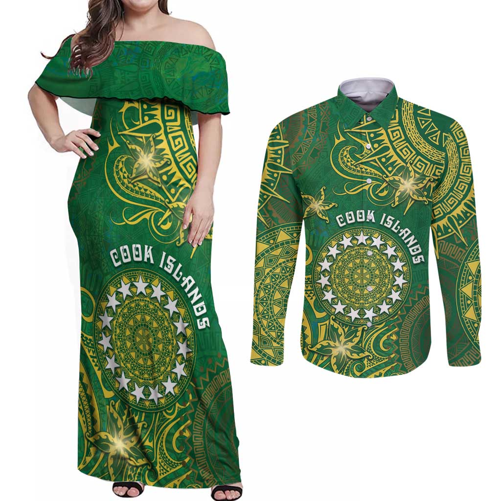 Personalised Cook Islands Couples Matching Off Shoulder Maxi Dress and Long Sleeve Button Shirt Hibiscus Polynesian Tribal Pattern DT05 Green - Polynesian Pride