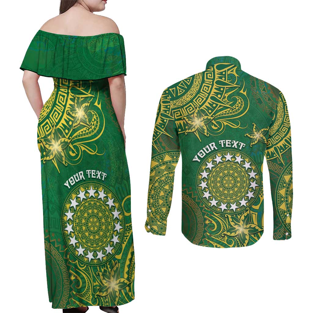 Personalised Cook Islands Couples Matching Off Shoulder Maxi Dress and Long Sleeve Button Shirt Hibiscus Polynesian Tribal Pattern DT05 - Polynesian Pride