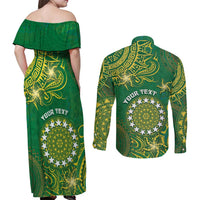 Personalised Cook Islands Couples Matching Off Shoulder Maxi Dress and Long Sleeve Button Shirt Hibiscus Polynesian Tribal Pattern DT05 - Polynesian Pride