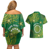 Personalised Cook Islands Couples Matching Off Shoulder Short Dress and Hawaiian Shirt Hibiscus Polynesian Tribal Pattern