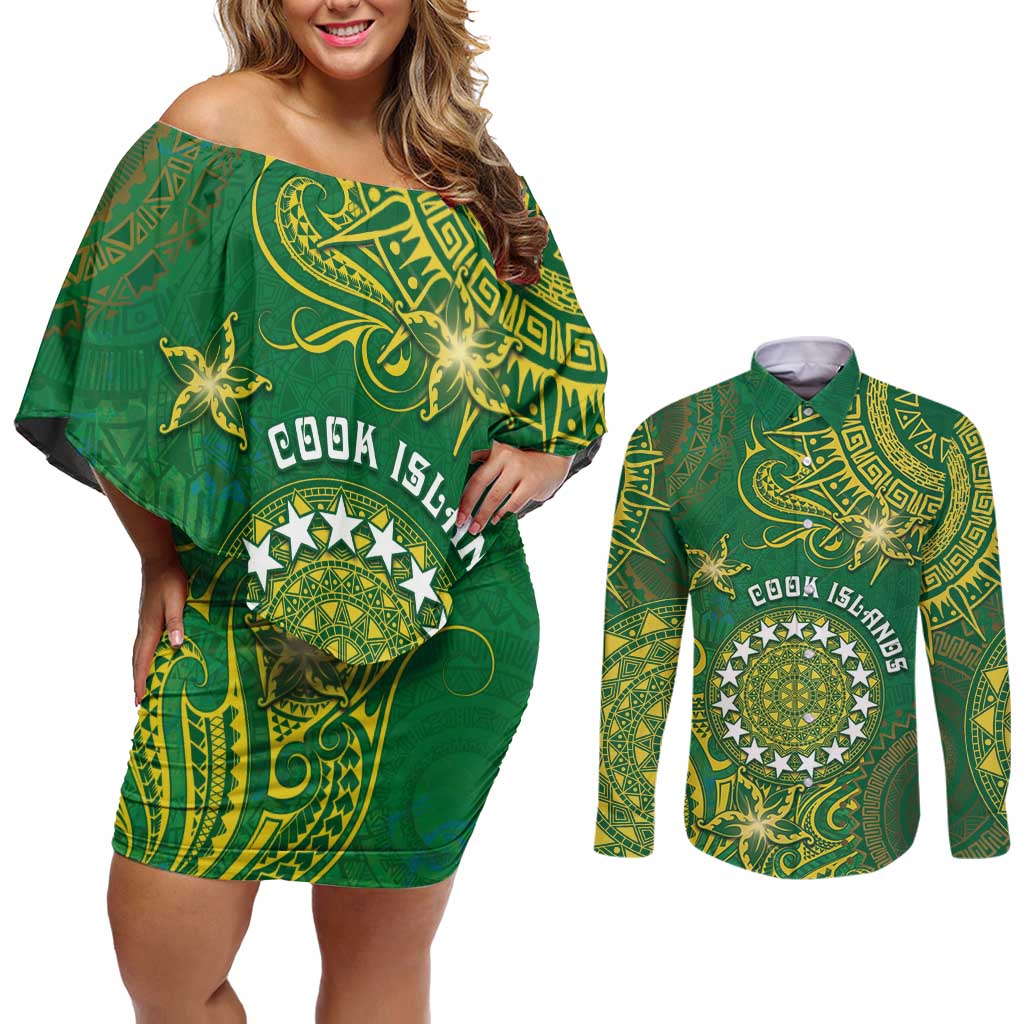 Personalised Cook Islands Couples Matching Off Shoulder Short Dress and Long Sleeve Button Shirt Hibiscus Polynesian Tribal Pattern DT05 Green - Polynesian Pride