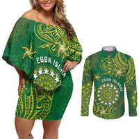 Personalised Cook Islands Couples Matching Off Shoulder Short Dress and Long Sleeve Button Shirt Hibiscus Polynesian Tribal Pattern DT05 Green - Polynesian Pride