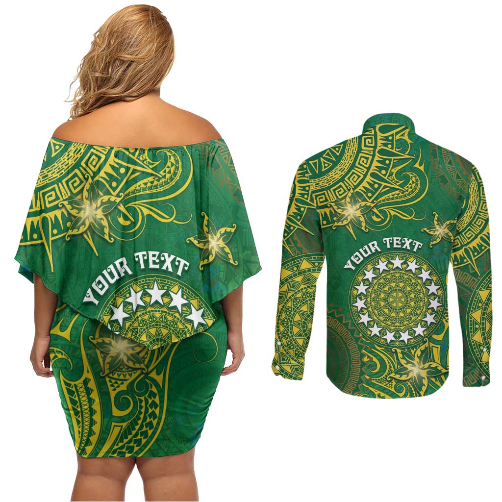 Personalised Cook Islands Couples Matching Off Shoulder Short Dress and Long Sleeve Button Shirt Hibiscus Polynesian Tribal Pattern DT05 - Polynesian Pride
