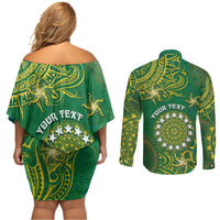 Personalised Cook Islands Couples Matching Off Shoulder Short Dress and Long Sleeve Button Shirt Hibiscus Polynesian Tribal Pattern DT05 - Polynesian Pride
