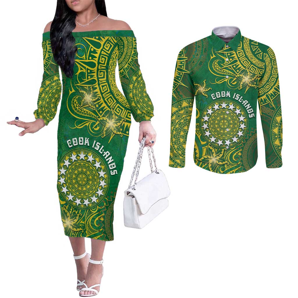 Personalised Cook Islands Couples Matching Off The Shoulder Long Sleeve Dress and Long Sleeve Button Shirt Hibiscus Polynesian Tribal Pattern DT05 Green - Polynesian Pride