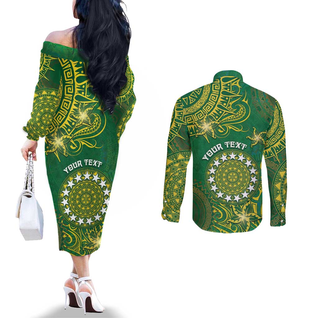 Personalised Cook Islands Couples Matching Off The Shoulder Long Sleeve Dress and Long Sleeve Button Shirt Hibiscus Polynesian Tribal Pattern DT05 - Polynesian Pride