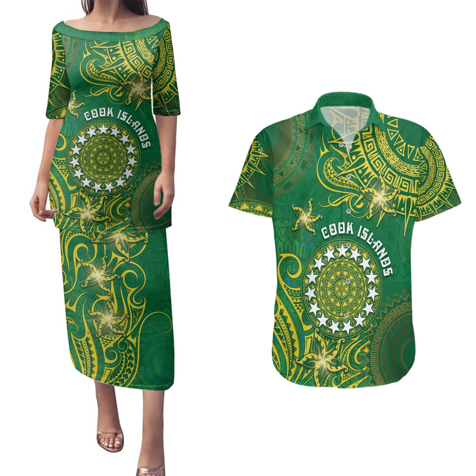 Personalised Cook Islands Couples Matching Puletasi and Hawaiian Shirt Hibiscus Polynesian Tribal Pattern