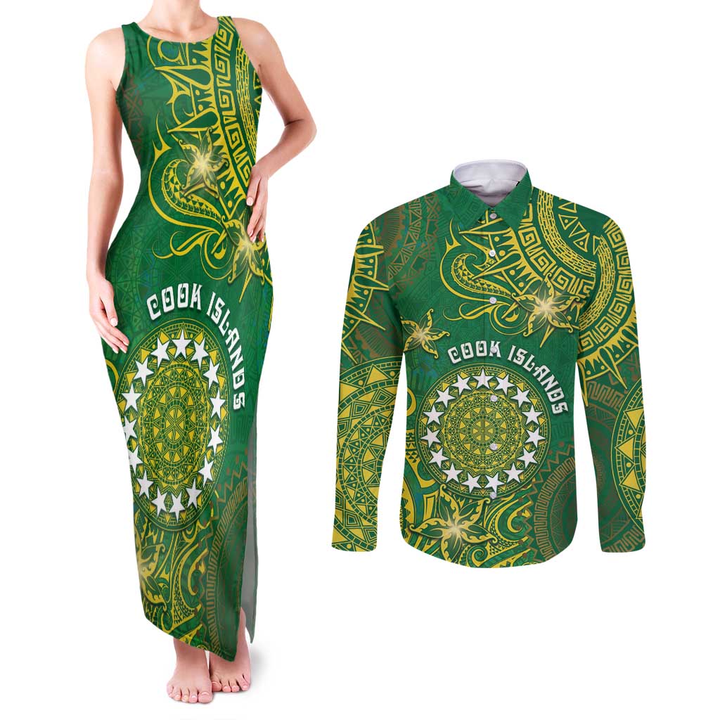 Personalised Cook Islands Couples Matching Tank Maxi Dress and Long Sleeve Button Shirt Hibiscus Polynesian Tribal Pattern DT05 Green - Polynesian Pride