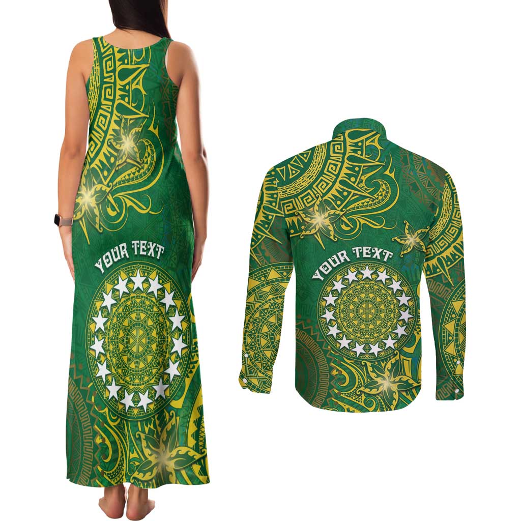 Personalised Cook Islands Couples Matching Tank Maxi Dress and Long Sleeve Button Shirt Hibiscus Polynesian Tribal Pattern DT05 - Polynesian Pride