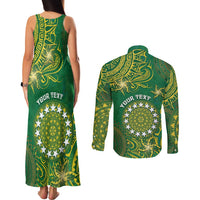 Personalised Cook Islands Couples Matching Tank Maxi Dress and Long Sleeve Button Shirt Hibiscus Polynesian Tribal Pattern DT05 - Polynesian Pride