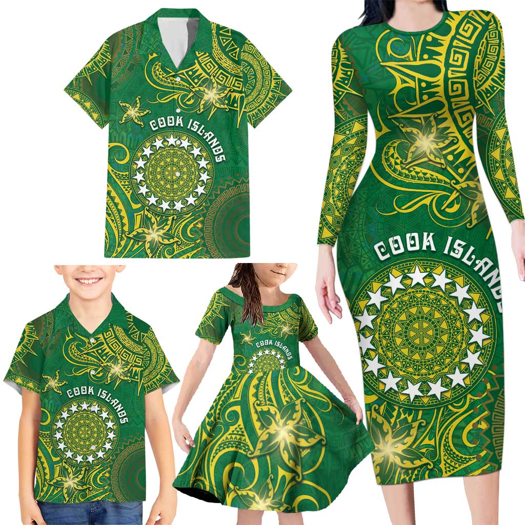 Personalised Cook Islands Family Matching Long Sleeve Bodycon Dress and Hawaiian Shirt Hibiscus Polynesian Tribal Pattern