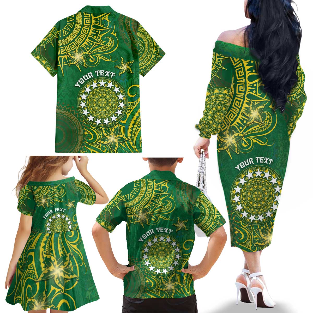Personalised Cook Islands Family Matching Off The Shoulder Long Sleeve Dress and Hawaiian Shirt Hibiscus Polynesian Tribal Pattern