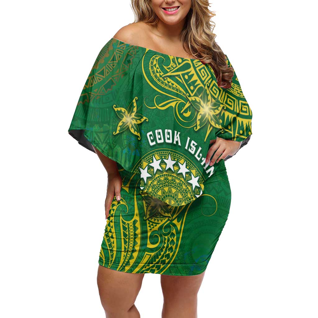 Personalised Cook Islands Family Matching Off Shoulder Short Dress and Hawaiian Shirt Hibiscus Polynesian Tribal Pattern