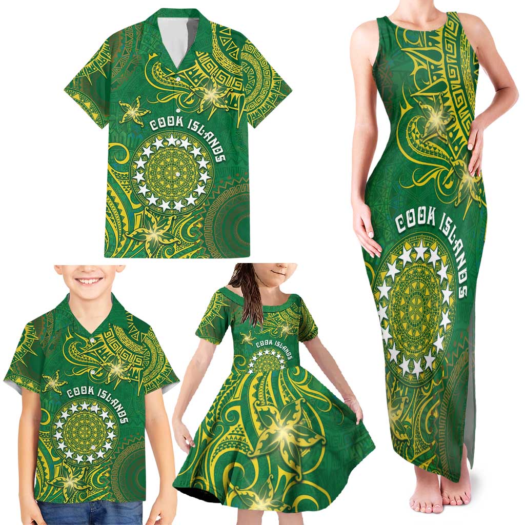 Personalised Cook Islands Family Matching Tank Maxi Dress and Hawaiian Shirt Hibiscus Polynesian Tribal Pattern