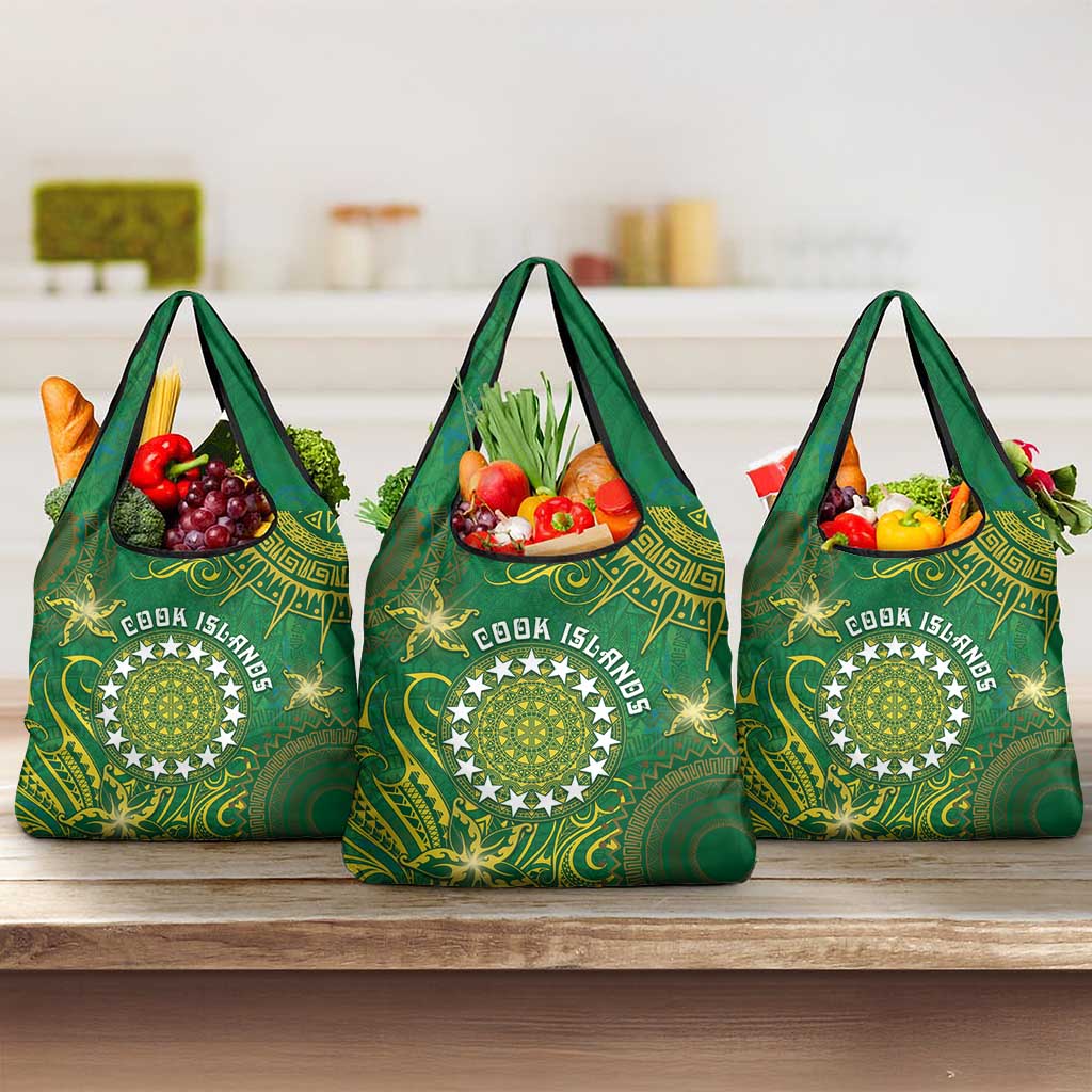 Cook Islands Grocery Bag Hibiscus Polynesian Tribal Pattern DT05 3-pack One Size Green - Polynesian Pride