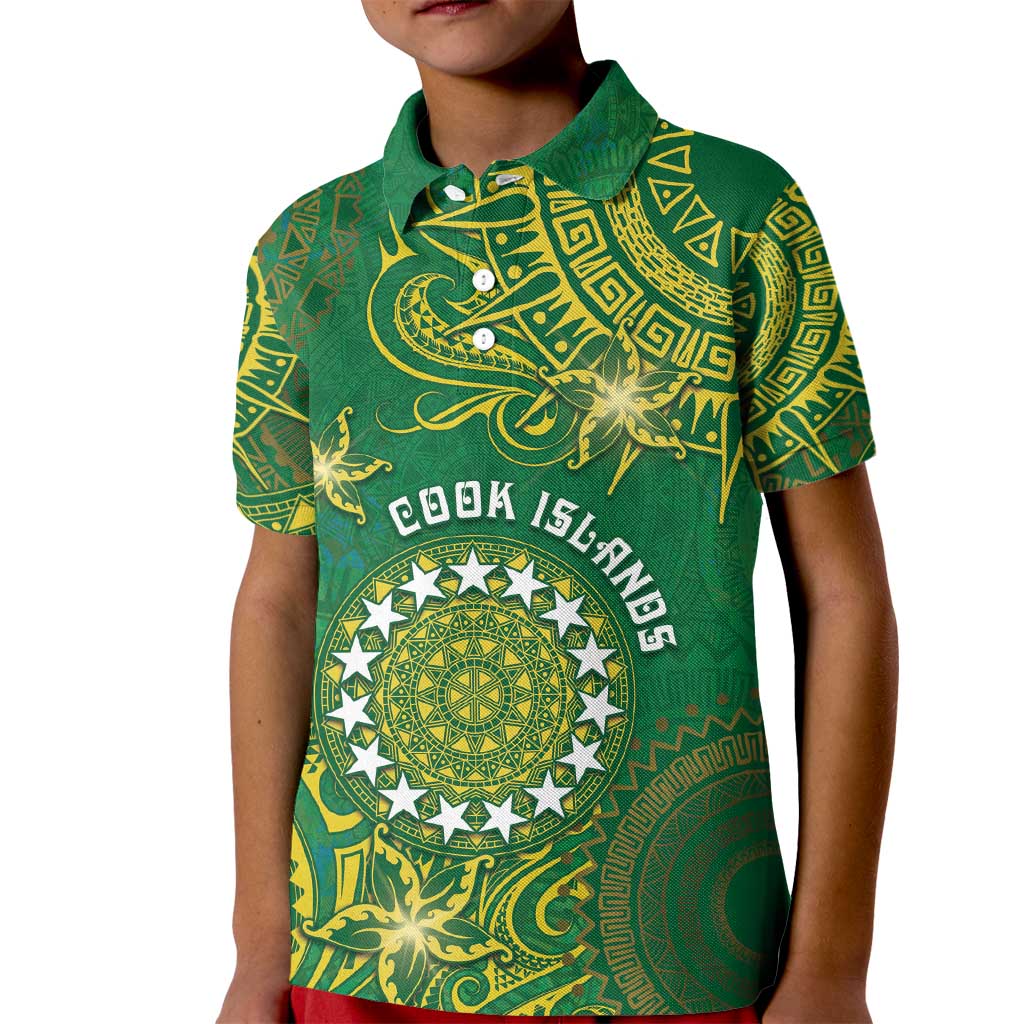Personalised Cook Islands Kid Polo Shirt Hibiscus Polynesian Tribal Pattern
