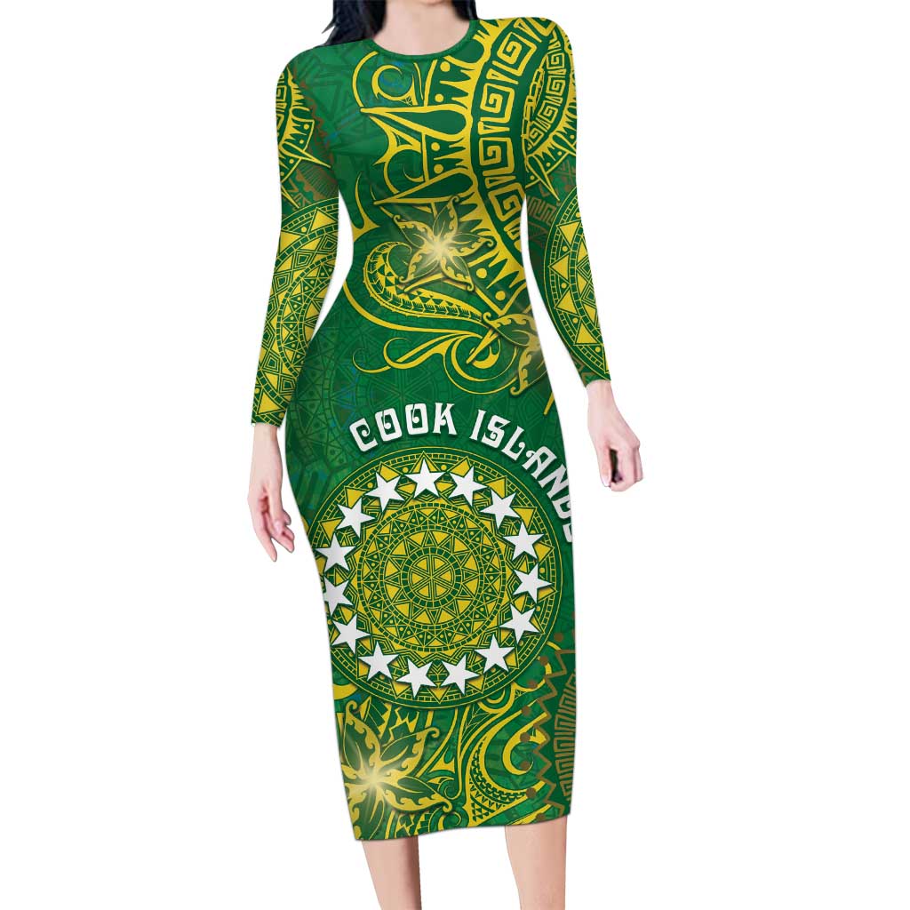 Personalised Cook Islands Long Sleeve Bodycon Dress Hibiscus Polynesian Tribal Pattern DT05 Long Dress Green - Polynesian Pride