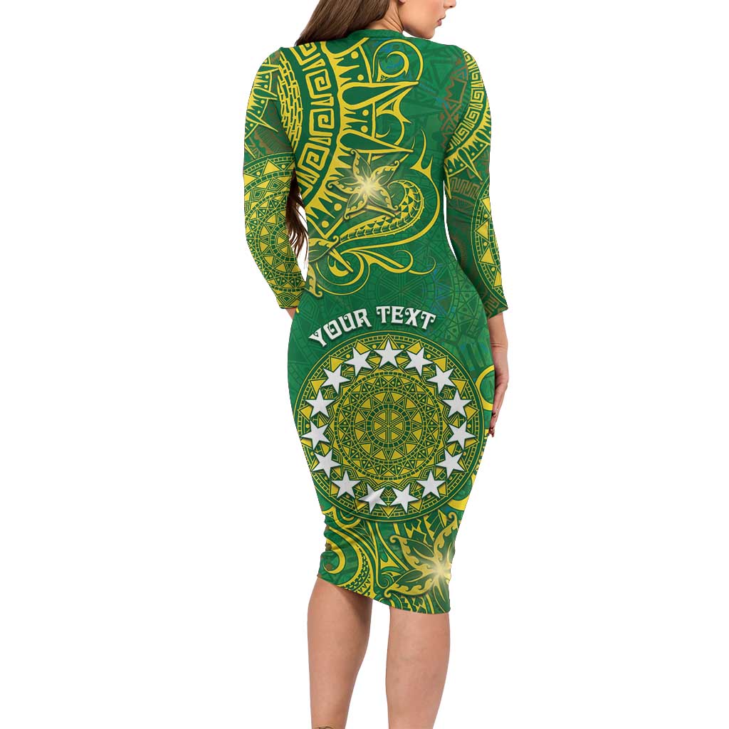 Personalised Cook Islands Long Sleeve Bodycon Dress Hibiscus Polynesian Tribal Pattern DT05 - Polynesian Pride