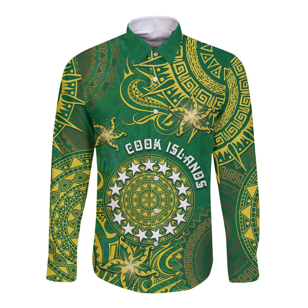 Personalised Cook Islands Long Sleeve Button Shirt Hibiscus Polynesian Tribal Pattern DT05 Unisex Green - Polynesian Pride