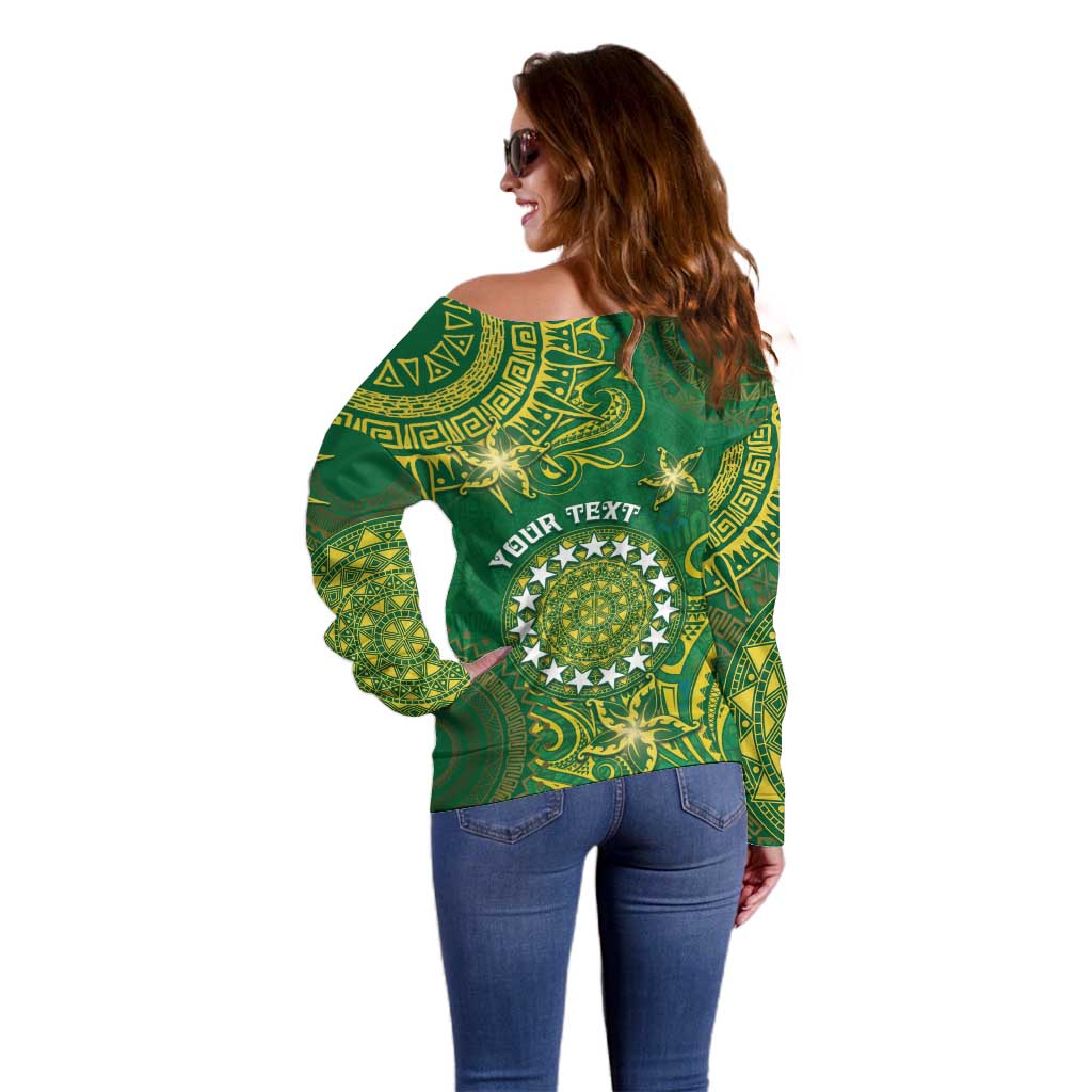 Personalised Cook Islands Off Shoulder Sweater Hibiscus Polynesian Tribal Pattern
