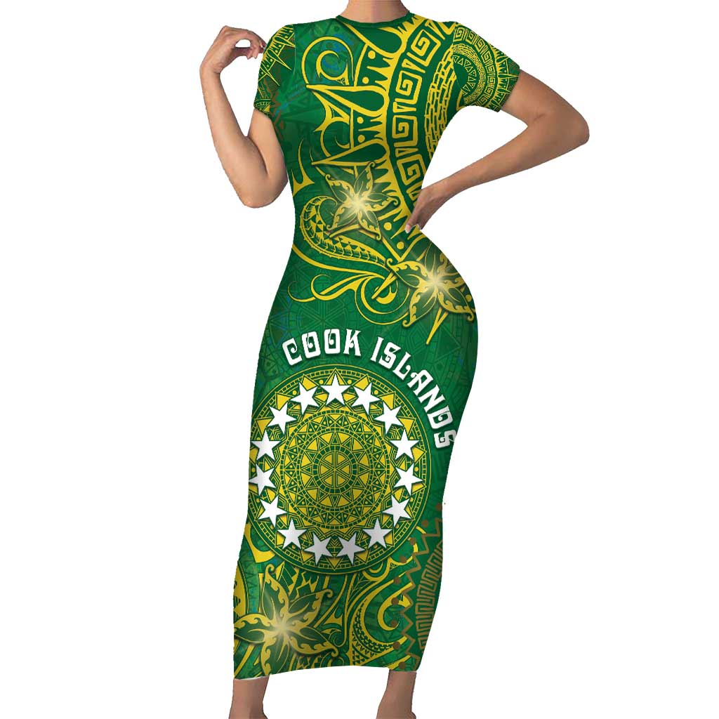 Personalised Cook Islands Short Sleeve Bodycon Dress Hibiscus Polynesian Tribal Pattern