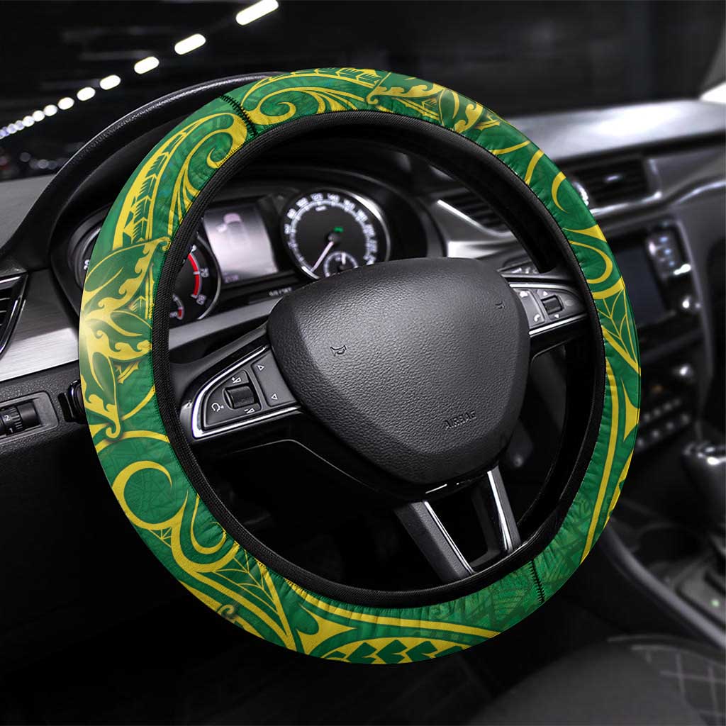 Cook Islands Steering Wheel Cover Hibiscus Polynesian Tribal Pattern DT05 Universal Fit Green - Polynesian Pride