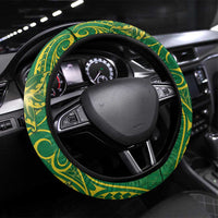 Cook Islands Steering Wheel Cover Hibiscus Polynesian Tribal Pattern DT05 Universal Fit Green - Polynesian Pride