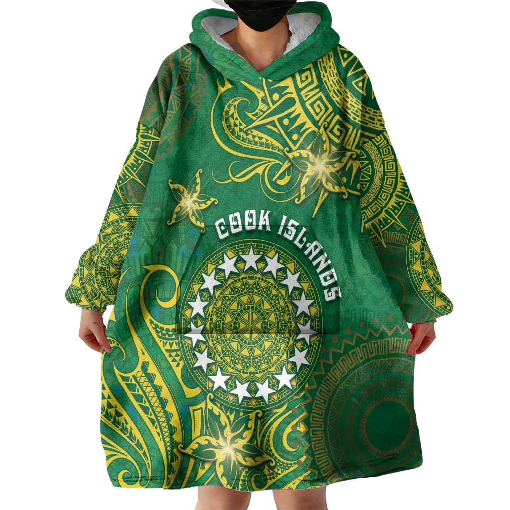 Personalised Cook Islands Wearable Blanket Hoodie Hibiscus Polynesian Tribal Pattern