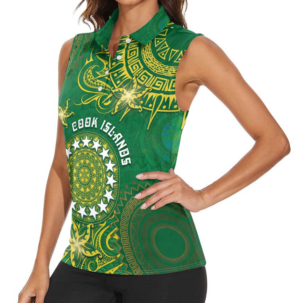 Personalised Cook Islands Women Sleeveless Polo Shirt Hibiscus Polynesian Tribal Pattern