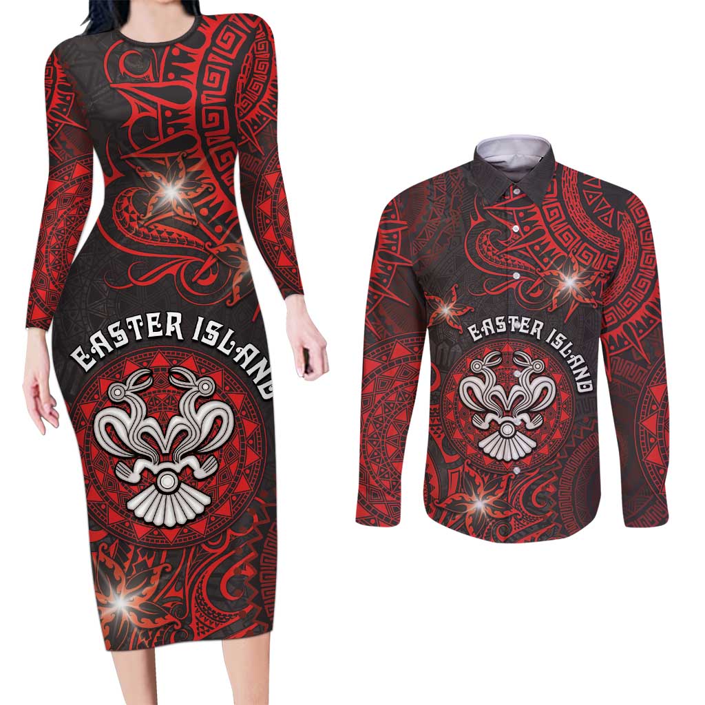 Personalised Easter Island Couples Matching Long Sleeve Bodycon Dress and Long Sleeve Button Shirt Hibiscus Polynesian Tribal Pattern DT05 Black - Polynesian Pride