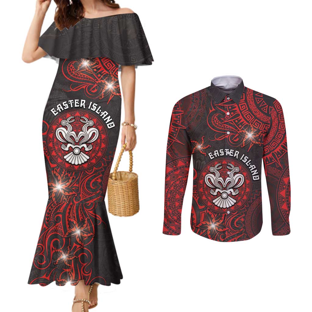 Personalised Easter Island Couples Matching Mermaid Dress and Long Sleeve Button Shirt Hibiscus Polynesian Tribal Pattern DT05 Black - Polynesian Pride