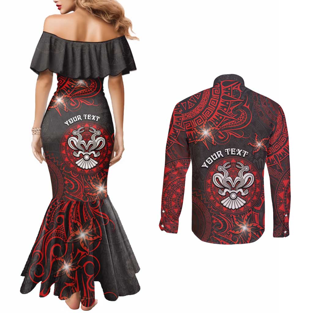 Personalised Easter Island Couples Matching Mermaid Dress and Long Sleeve Button Shirt Hibiscus Polynesian Tribal Pattern DT05 - Polynesian Pride