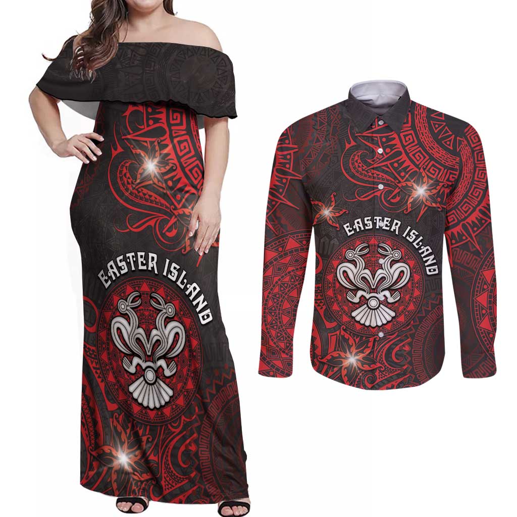 Personalised Easter Island Couples Matching Off Shoulder Maxi Dress and Long Sleeve Button Shirt Hibiscus Polynesian Tribal Pattern