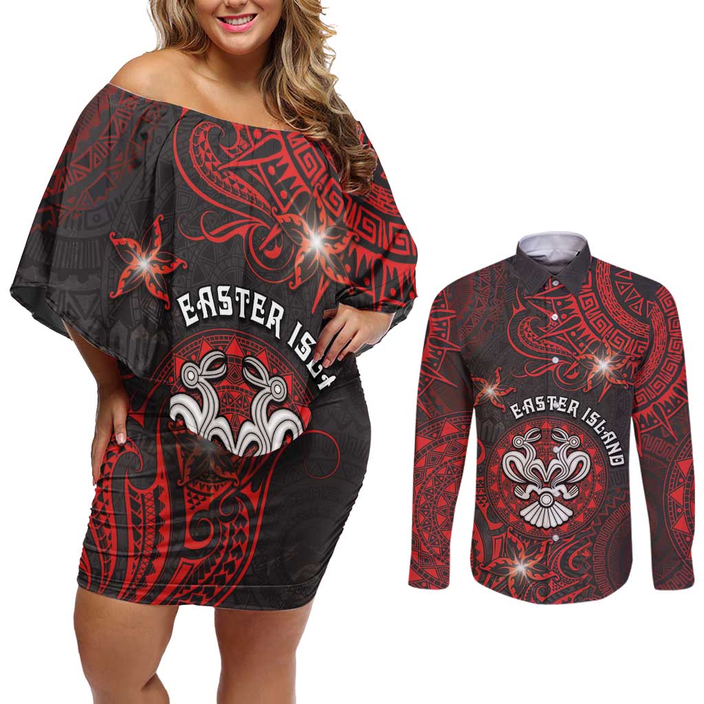 Personalised Easter Island Couples Matching Off Shoulder Short Dress and Long Sleeve Button Shirt Hibiscus Polynesian Tribal Pattern DT05 Black - Polynesian Pride