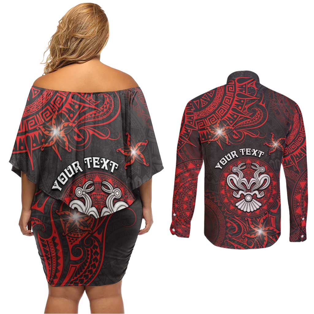Personalised Easter Island Couples Matching Off Shoulder Short Dress and Long Sleeve Button Shirt Hibiscus Polynesian Tribal Pattern DT05 - Polynesian Pride