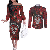 Personalised Easter Island Couples Matching Off The Shoulder Long Sleeve Dress and Long Sleeve Button Shirt Hibiscus Polynesian Tribal Pattern DT05 Black - Polynesian Pride