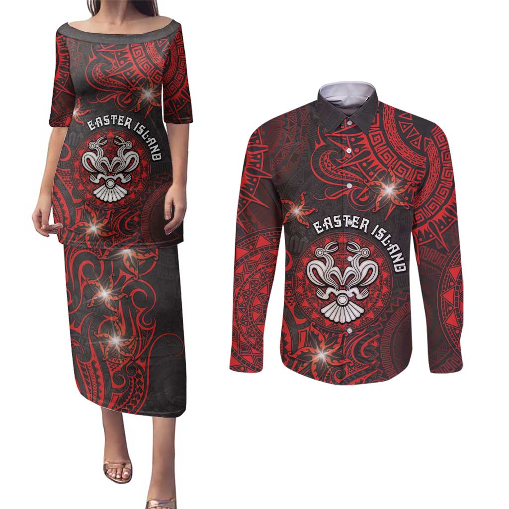 Personalised Easter Island Couples Matching Puletasi and Long Sleeve Button Shirt Hibiscus Polynesian Tribal Pattern DT05 Black - Polynesian Pride