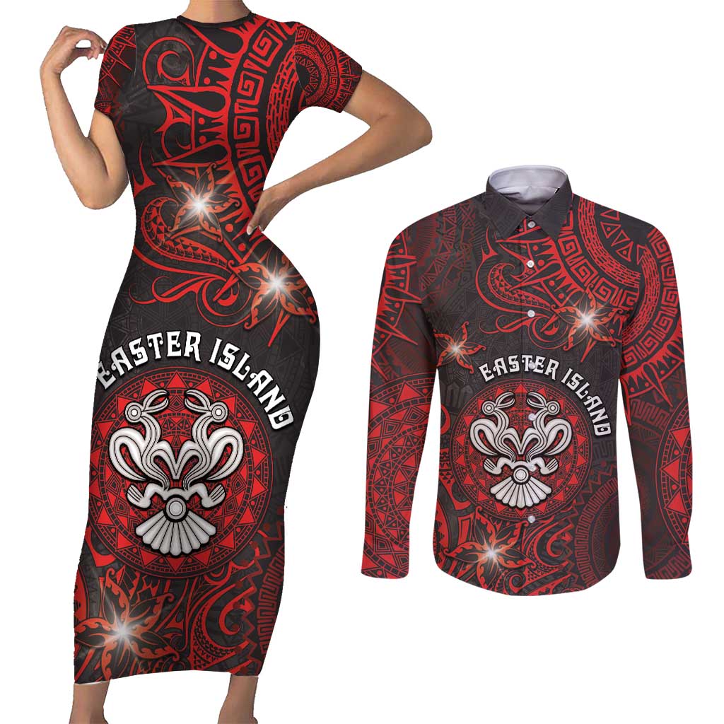 Personalised Easter Island Couples Matching Short Sleeve Bodycon Dress and Long Sleeve Button Shirt Hibiscus Polynesian Tribal Pattern