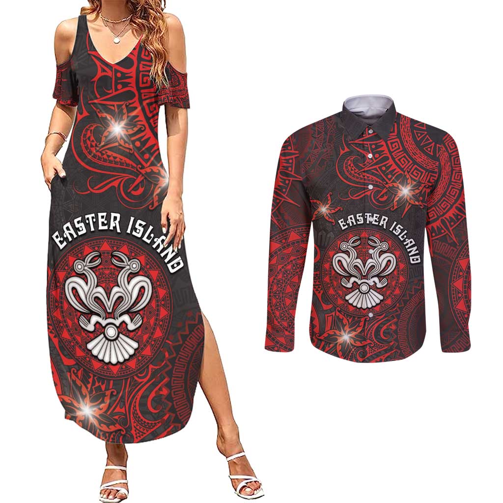Personalised Easter Island Couples Matching Summer Maxi Dress and Long Sleeve Button Shirt Hibiscus Polynesian Tribal Pattern