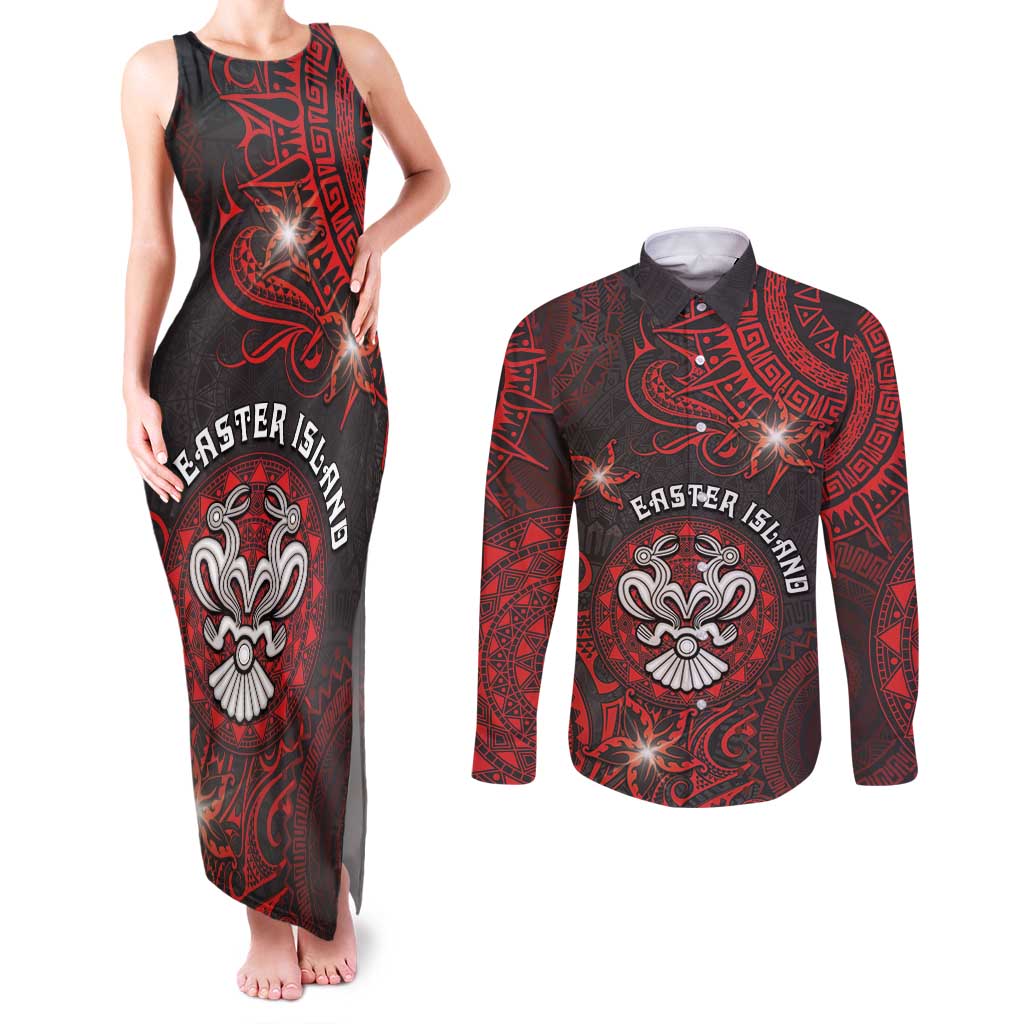 Personalised Easter Island Couples Matching Tank Maxi Dress and Long Sleeve Button Shirt Hibiscus Polynesian Tribal Pattern DT05 Black - Polynesian Pride