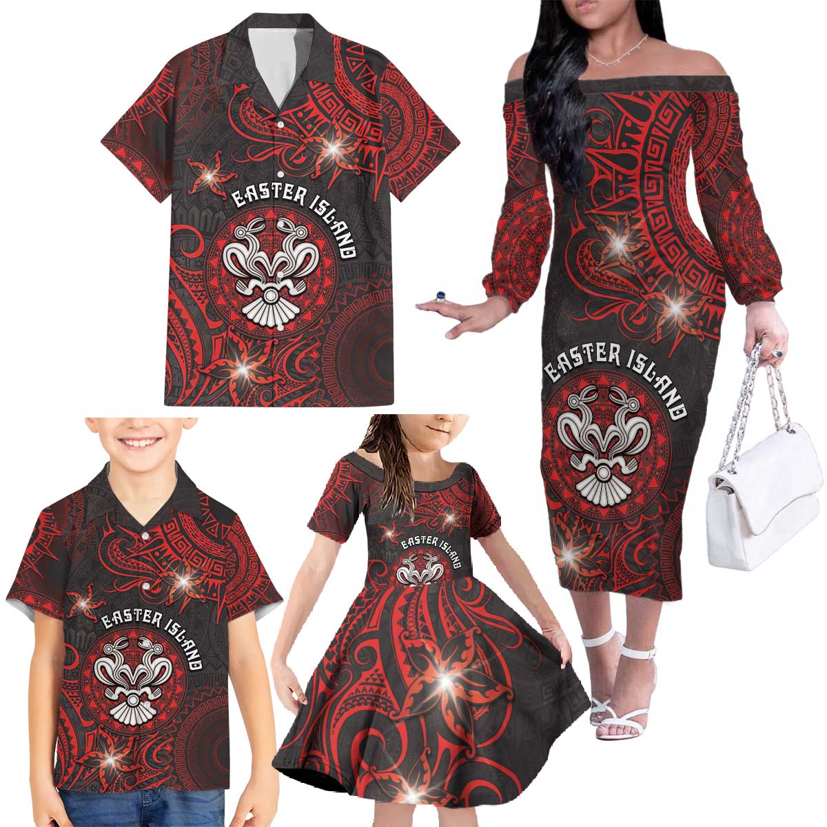 Personalised Easter Island Family Matching Off The Shoulder Long Sleeve Dress and Hawaiian Shirt Hibiscus Polynesian Tribal Pattern